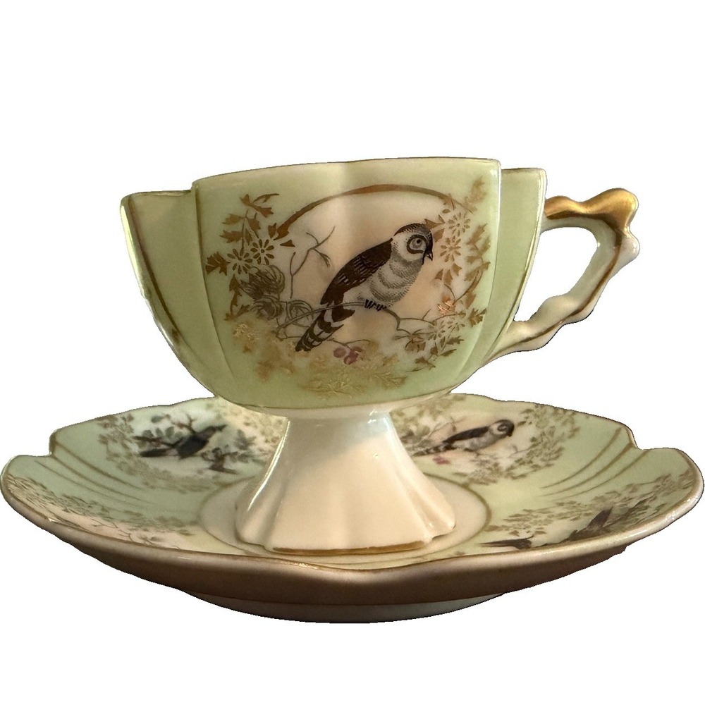 Vintage Arnart Japan Pedestal Teacup Saucer Bird Celadon Green Gold Trim